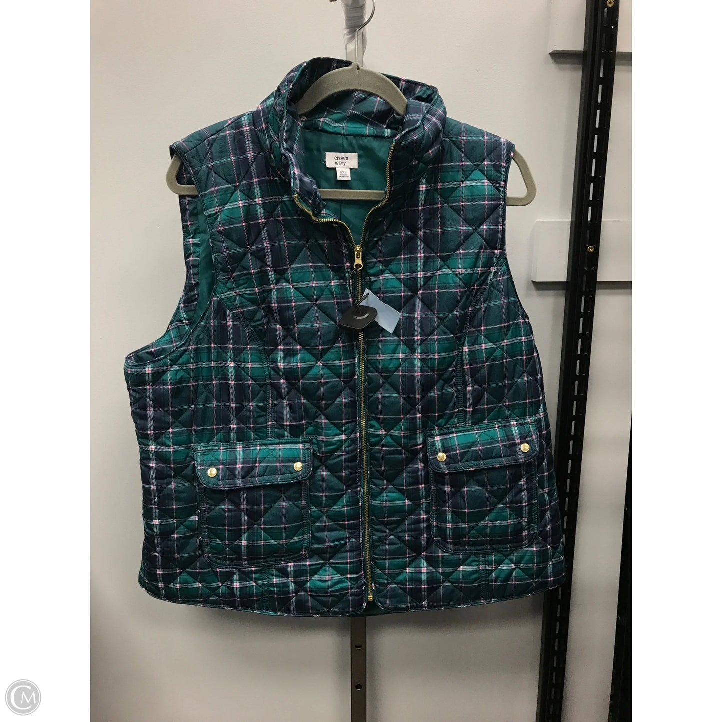 Vest Puffer & Quilted By Crown And Ivy In Plaid Pattern, Size: Xxl