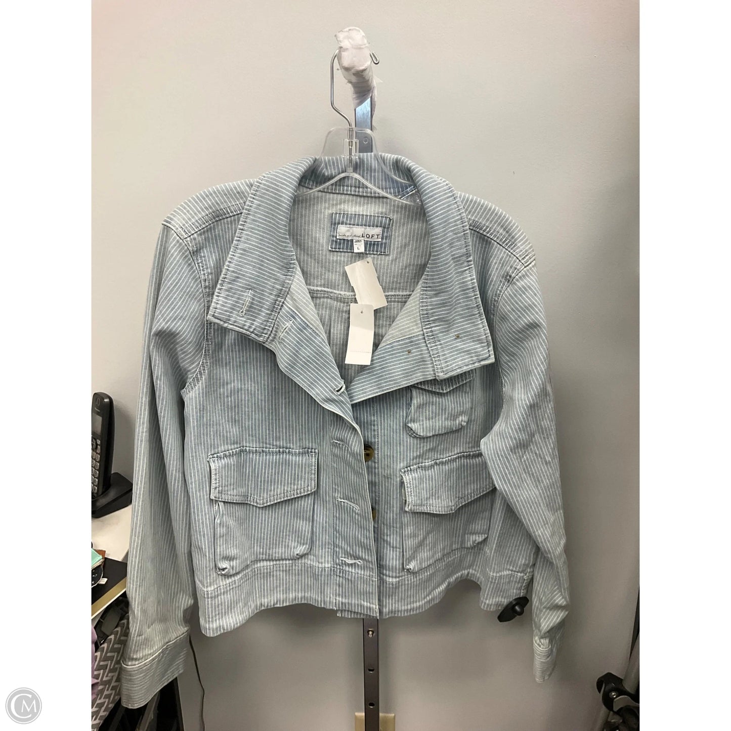 Jacket Denim By Loft In Striped Pattern, Size: L