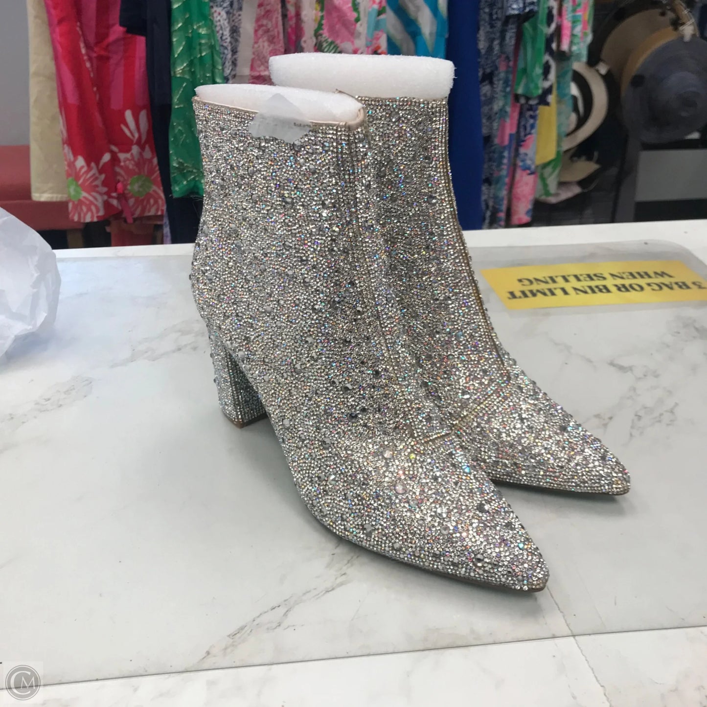 Boots Ankle Heels By Betsey Johnson In Silver, Size: 11