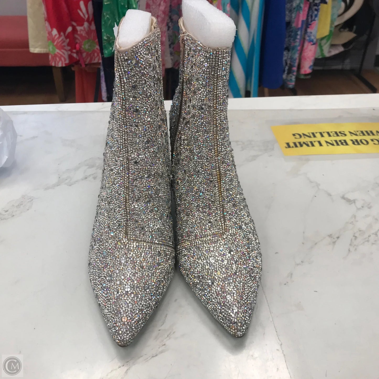 Boots Ankle Heels By Betsey Johnson In Silver, Size: 11