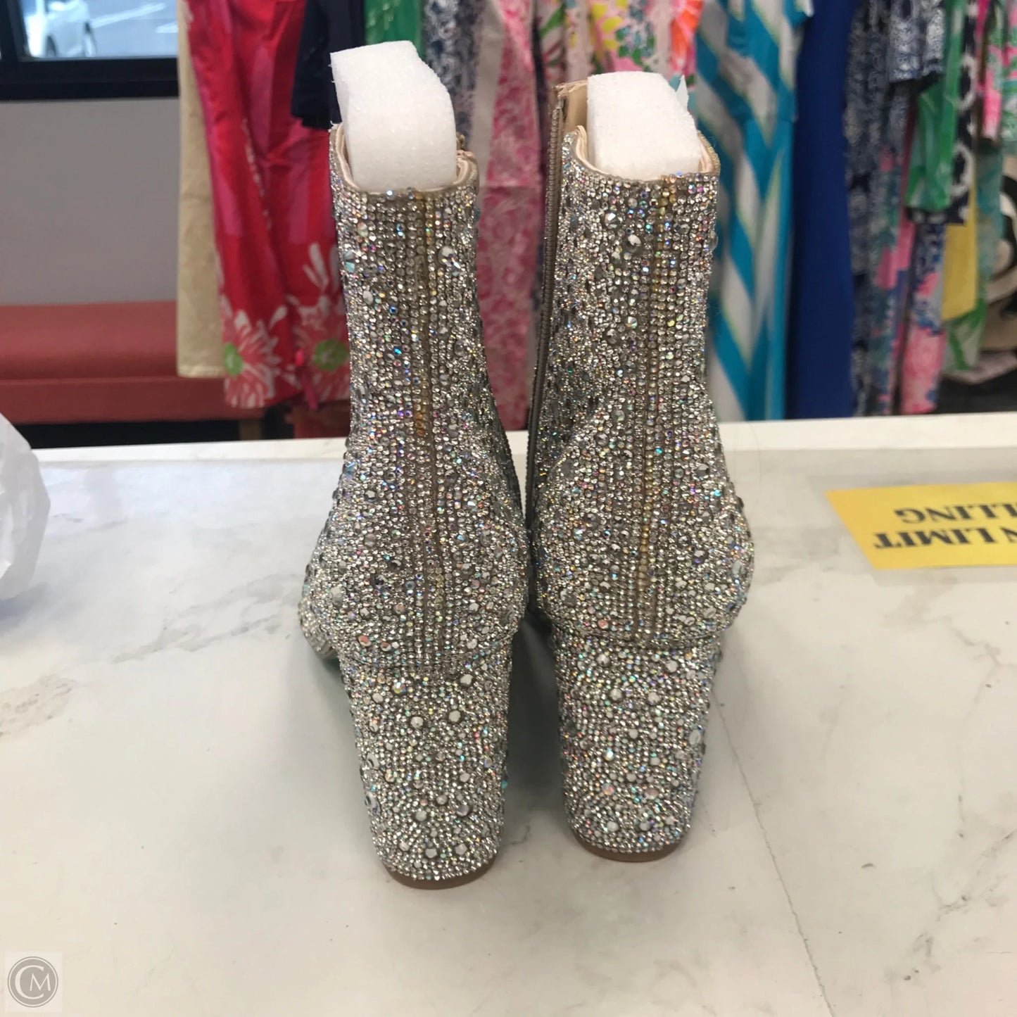 Boots Ankle Heels By Betsey Johnson In Silver, Size: 11