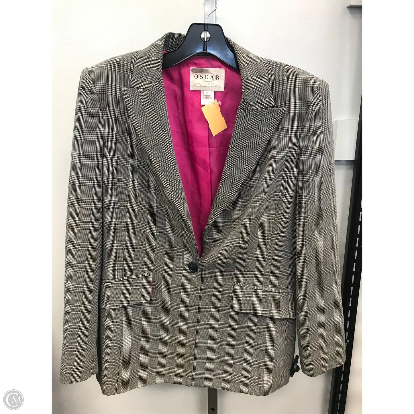 Blazer Luxury Designer By Oscar De La Renta In Black & Cream, Size: 6