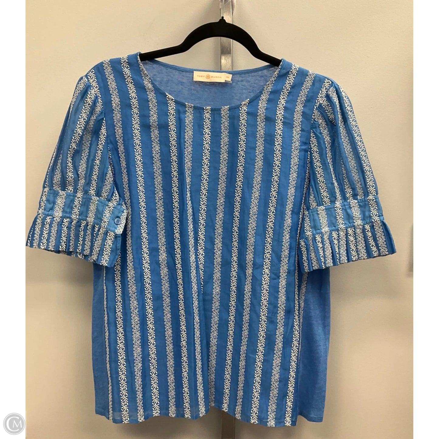 Top Short Sleeve Designer By Tory Burch In Blue & White, Size: M