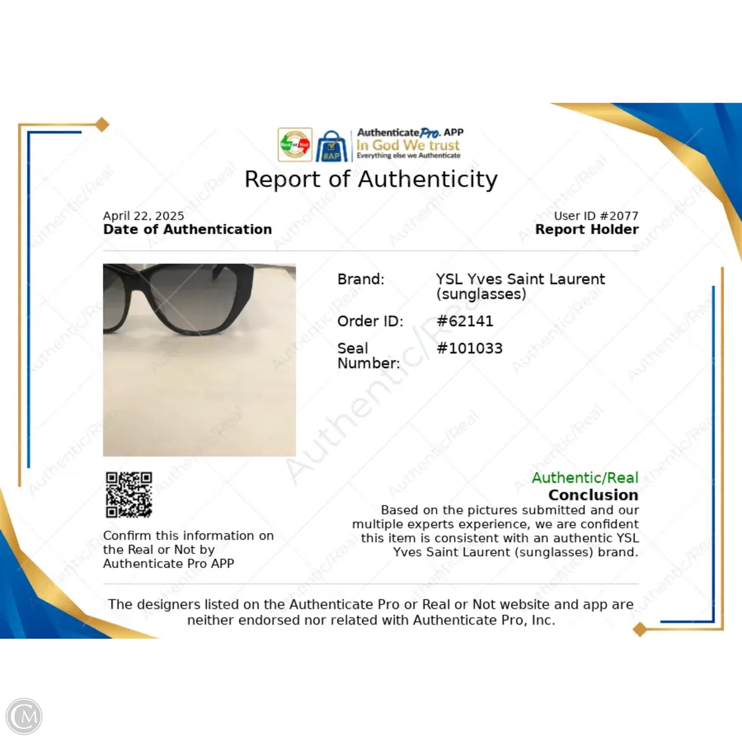 Sunglasses Luxury Designer By Yves Saint Laurent, Size: Medium