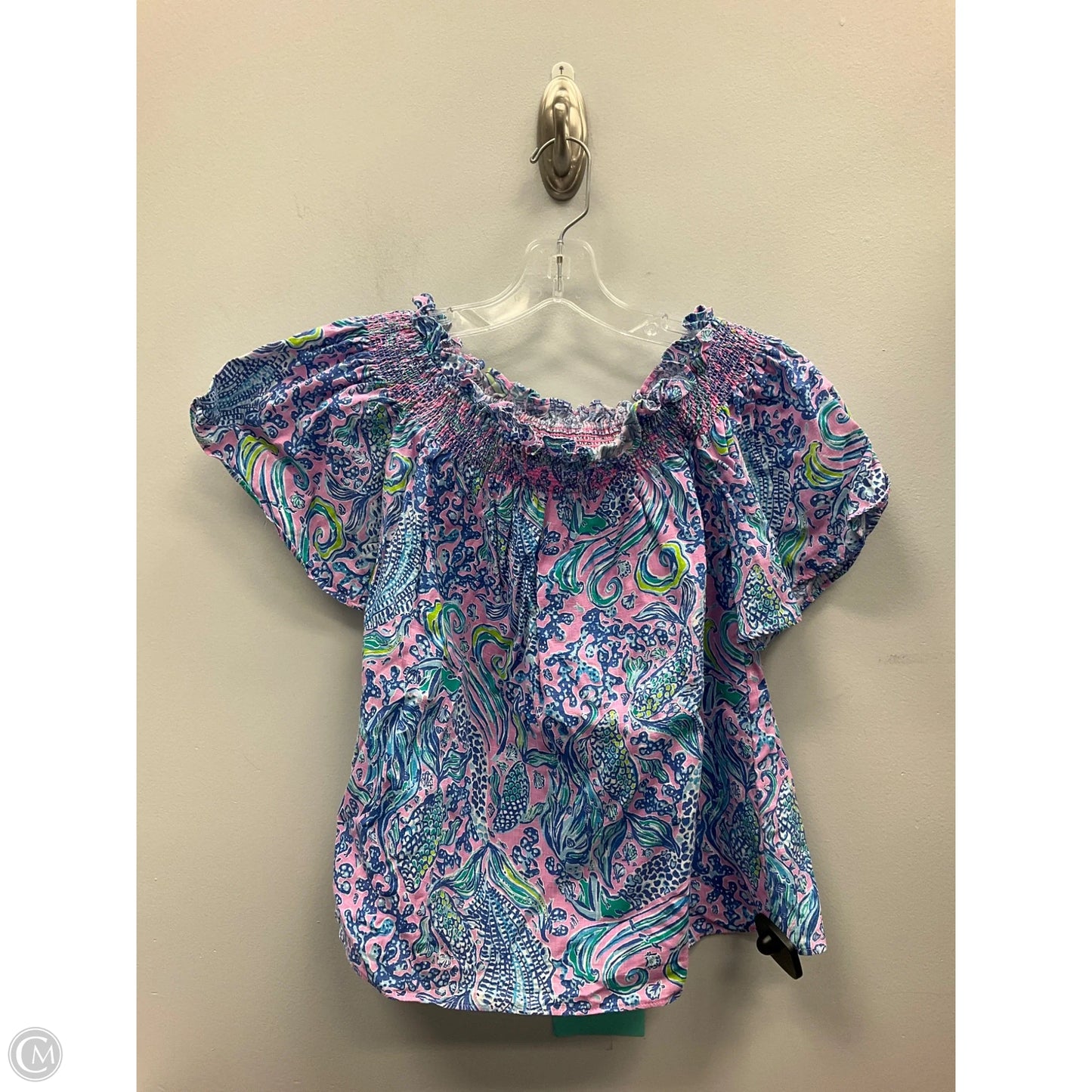 Top Short Sleeve Designer By Lilly Pulitzer In Blue & Pink, Size: S