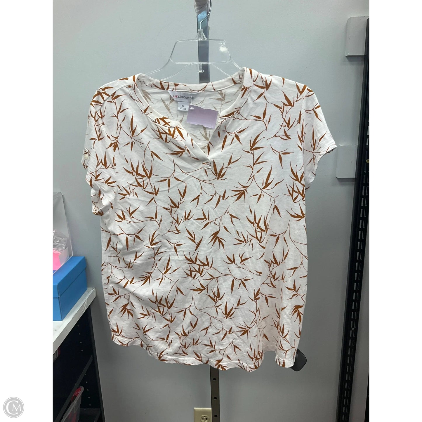 Top Short Sleeve By Liz Claiborne In Brown & White, Size: Lp