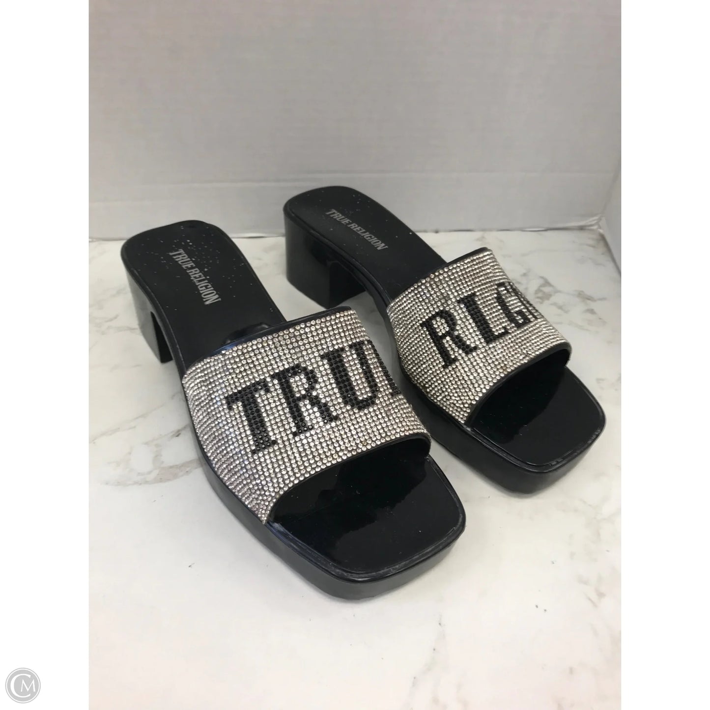 Sandals Heels Block By True Religion In Black & Silver, Size: 9