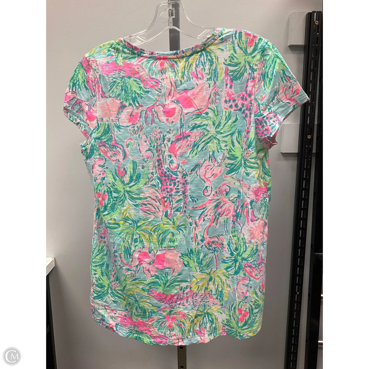 Top Short Sleeve Designer By Lilly Pulitzer In Green & Pink, Size: M