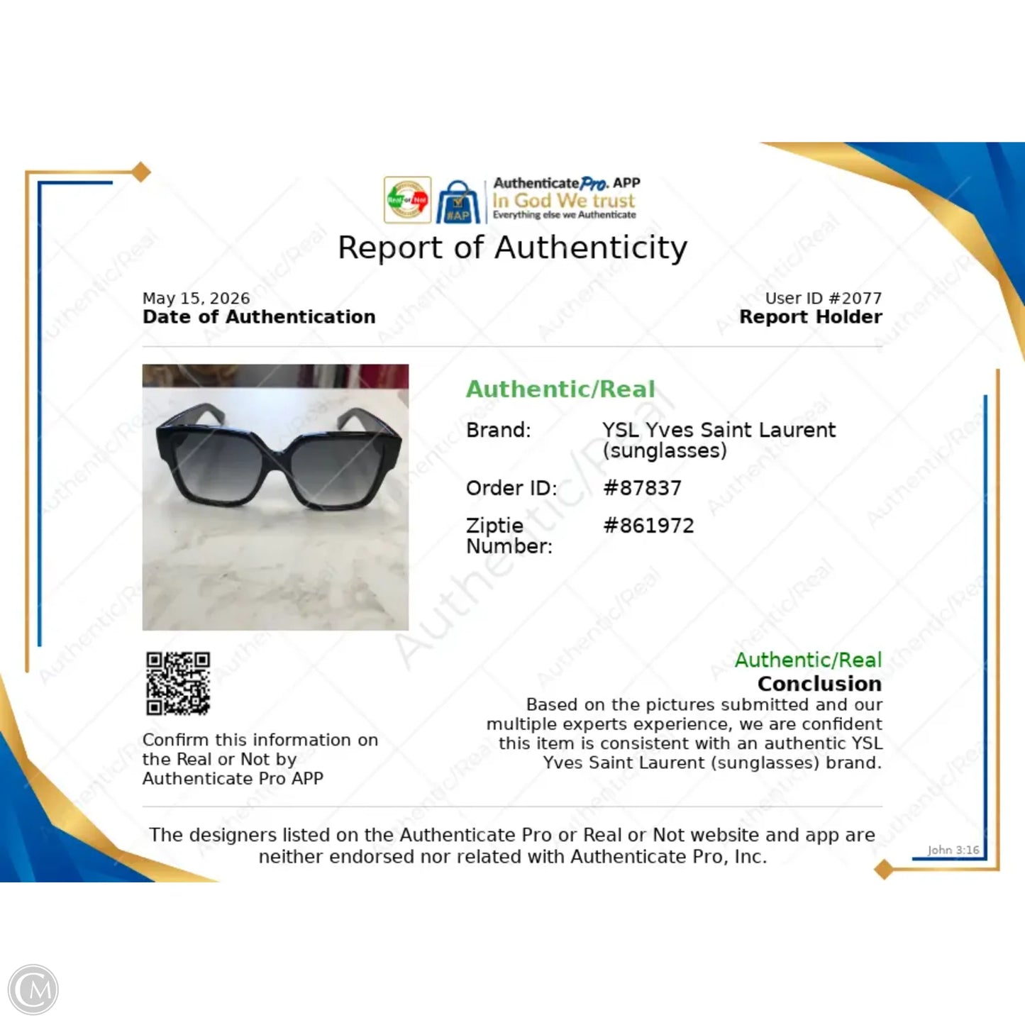 Sunglasses Luxury Designer By Yves Saint Laurent