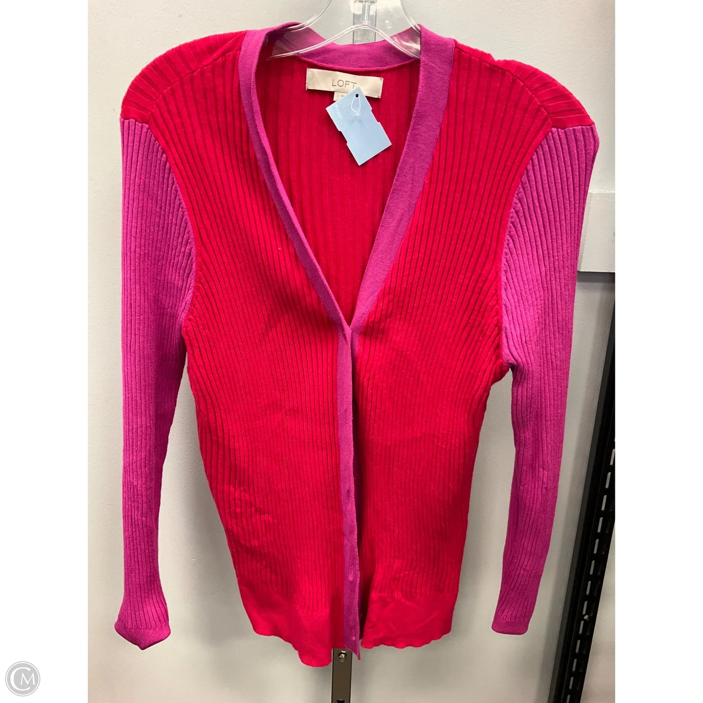 Sweater Cardigan By Loft In Pink & Red, Size: L