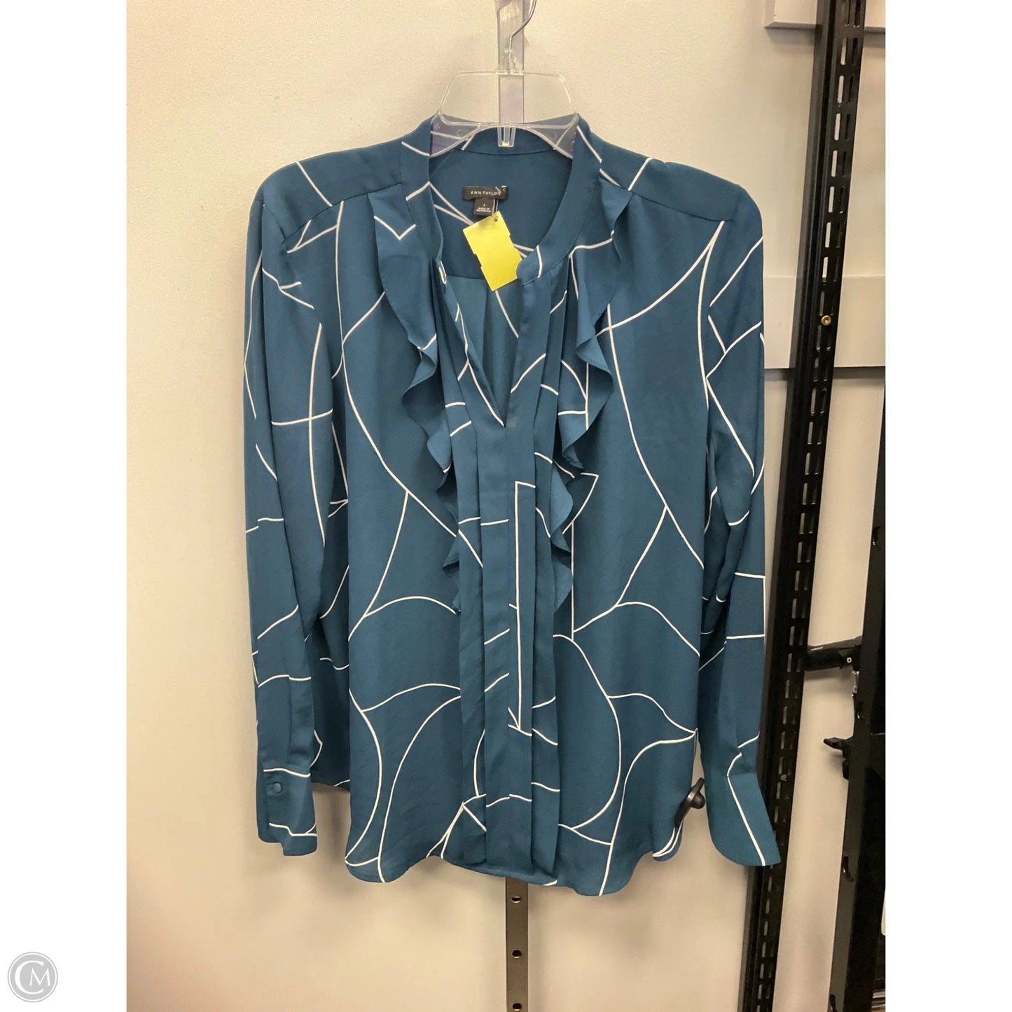 Blouse Long Sleeve By Ann Taylor In Blue & White, Size: L