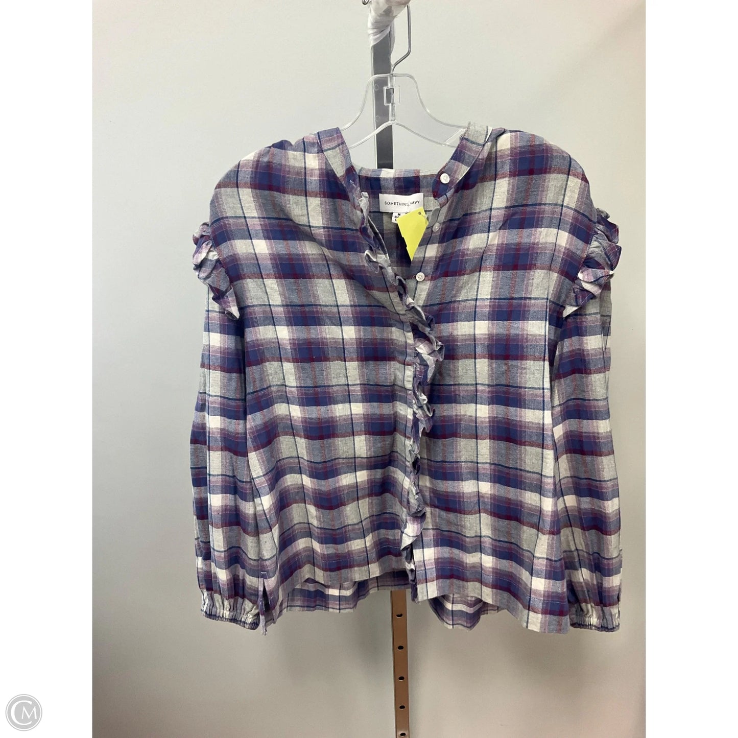 Top Long Sleeve By Something Navy In Plaid Pattern, Size: M
