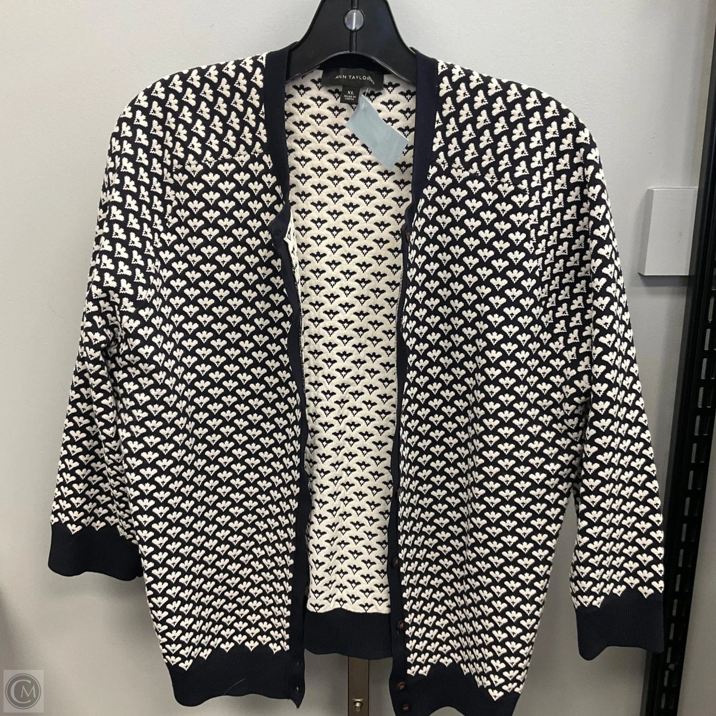 Sweater Cardigan By Ann Taylor In Blue & Cream, Size: Xl