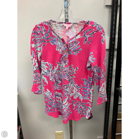 Top Short Sleeve Designer By Lilly Pulitzer In Blue & Pink, Size: M