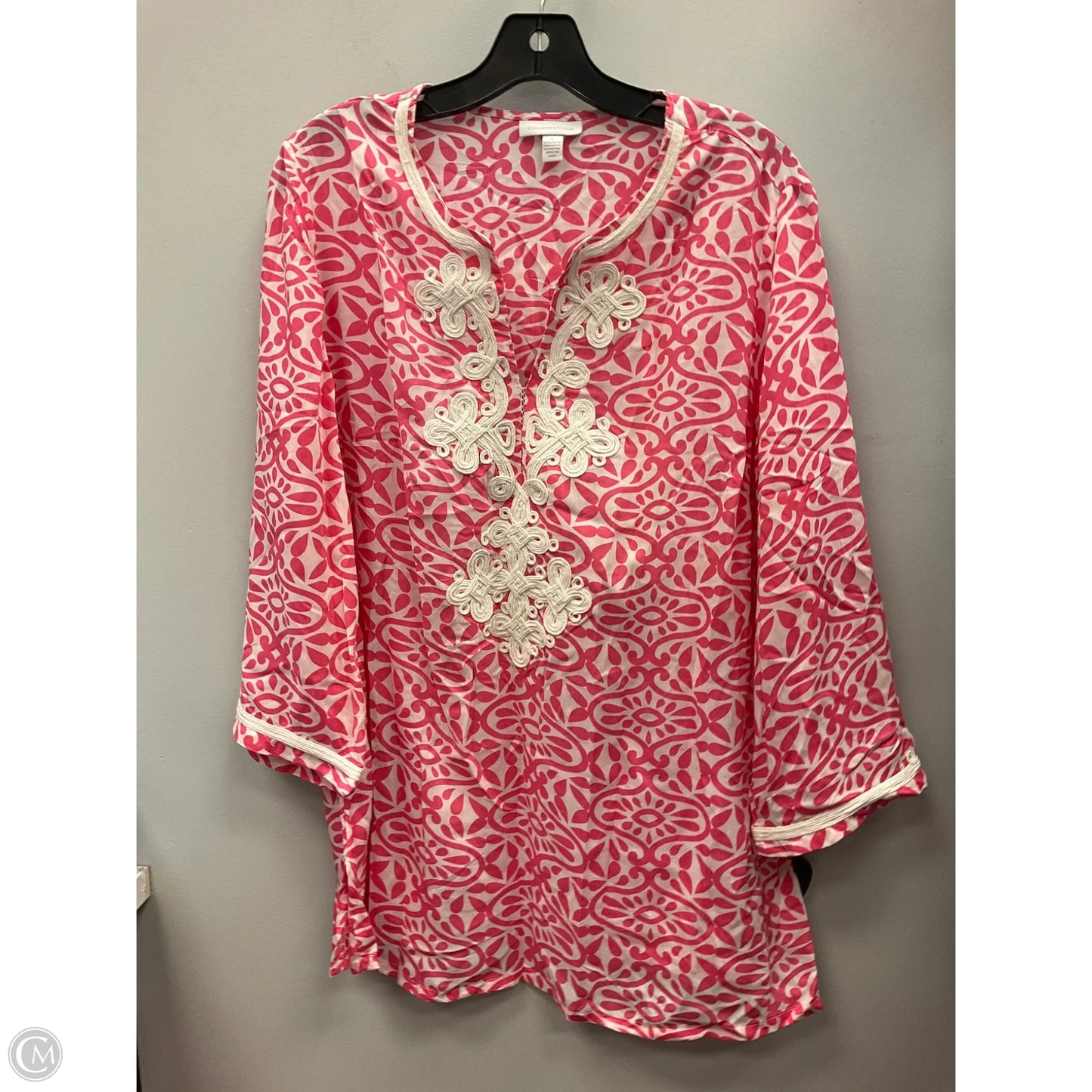 Tunic 3/4 Sleeve By Charter Club In Pink & White, Size: L