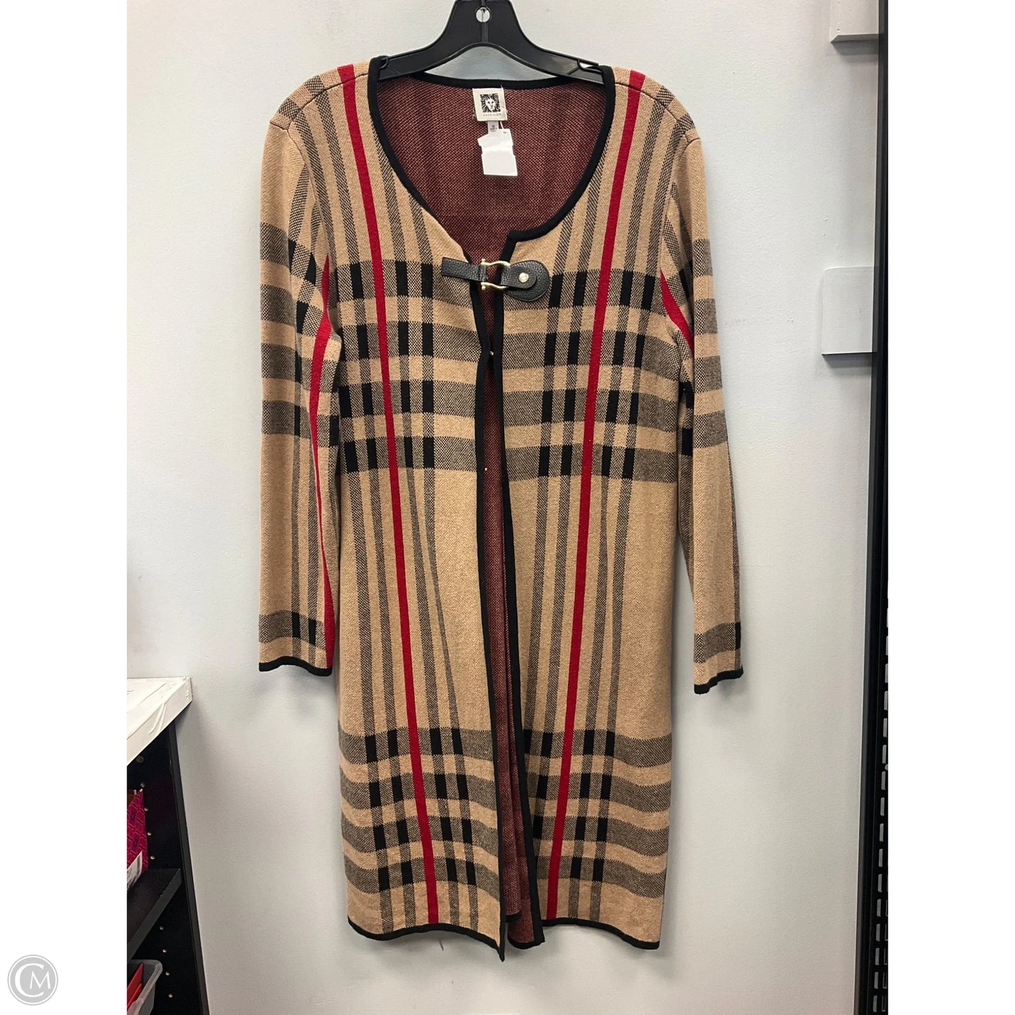 Sweater Cardigan By Anne Klein In Plaid Pattern, Size: M