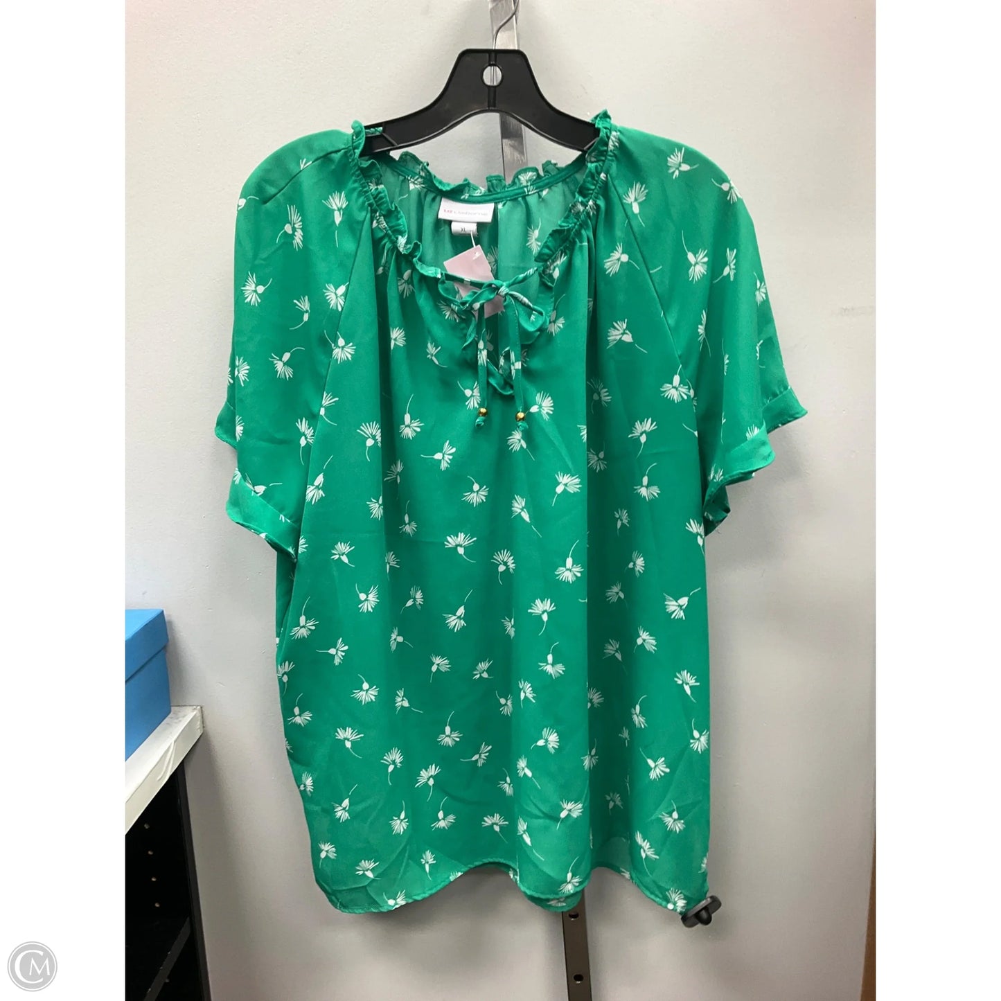 Top Short Sleeve By Liz Claiborne In Green & White, Size: Xl